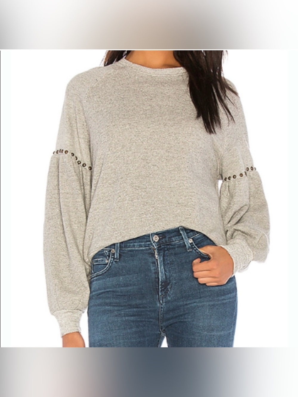 The Great.  Bishop Sleeve Studded Women’s Sweatshirt in Varsity Grey - Size 3